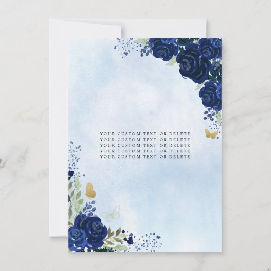Budget Floral Navy Blue Gold Princess Quinceanera Notitiekaartje (Achterkant)