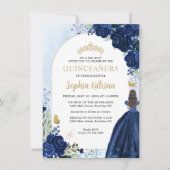 Budget Floral Navy Blue Gold Princess Quinceanera Notitiekaartje (Voorkant)