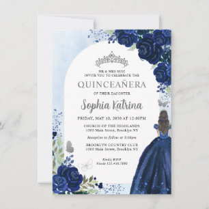 Budget Floral Navy Blue Gray Princess Quinceanera Notitiekaartje