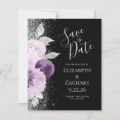 Budget Floral Paarse Silver Glitter Save the Date (Voorkant)