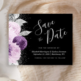 Budget Floral Paarse Silver Glitter Save the Date
