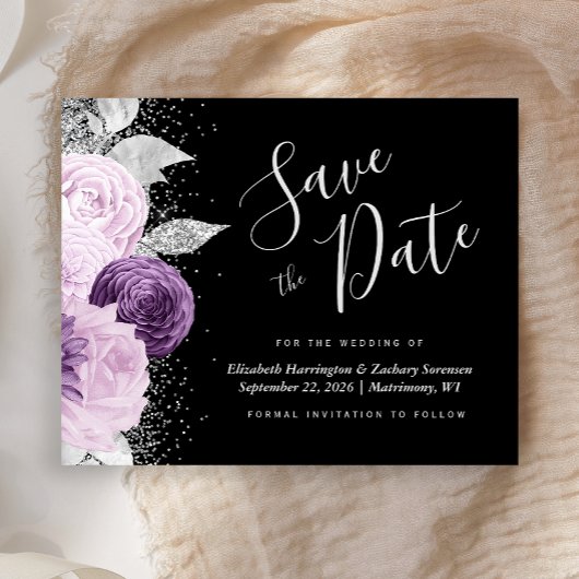 Budget Floral Paarse Silver Glitter Save the Date