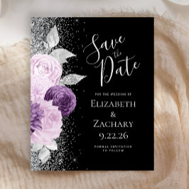 Budget Floral Paarse Silver Glitter Save the Date