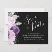 Budget Floral Paarse Silver Glitter Save the Date (Voorkant)