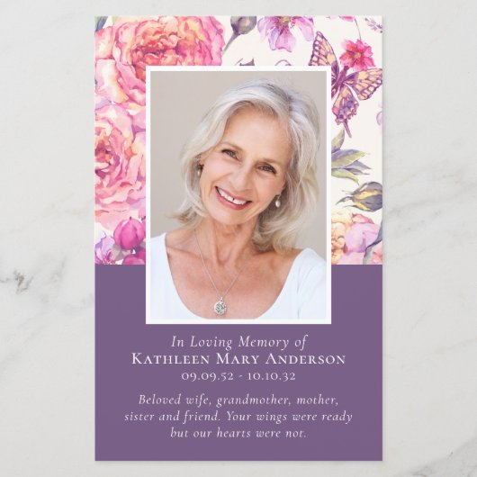 BUDGET Floral Peony Photo Memorial Service Program (Voorkant)