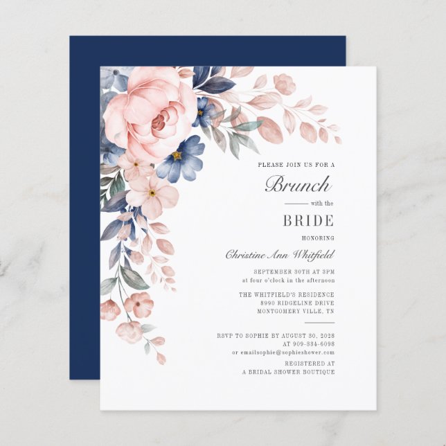 Budget Floral Pink Blue Waterverf Bridal Brunch (Voorkant / Achterkant)