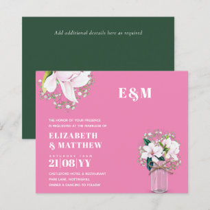 BUDGET Floral Pink Magnolias Green Wedding Invite