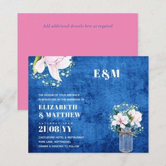 BUDGET Floral Pink Magnolias Green Wedding Invite (Voorkant / Achterkant)