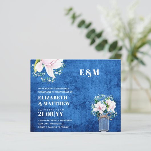 BUDGET Floral Pink Magnolias Green Wedding Invite (Staand voorkant)