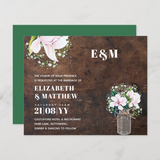 BUDGET Floral Pink Magnolias Green Wedding Invite (Voorkant / Achterkant)