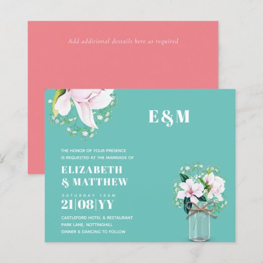 BUDGET Floral Pink Magnolias Green Wedding Invite (Voorkant / Achterkant)