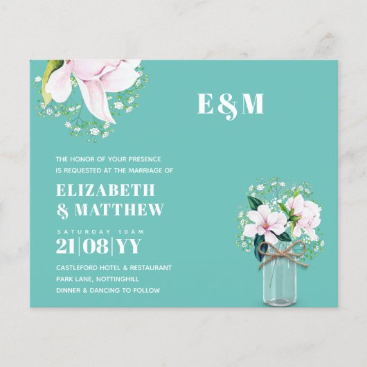 BUDGET Floral Pink Magnolias Green Wedding Invite (Voorkant)