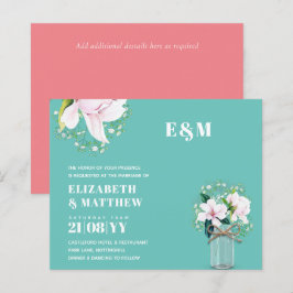 BUDGET Floral Pink Magnolias Green Wedding Invite