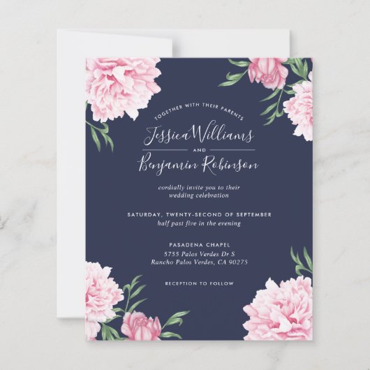 Budget Floral Pink Peony Botanical Navy Invitation (Voorkant)