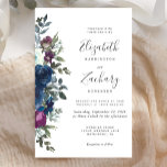 Budget Floral Plum Navy Blue Wedding Invitation<br><div class="desc">De linkerrand van deze romantische huwelijksuitnodiging is voorzien van een waterverf bloemboeket van pruimen paarse en marineblauwe bloemen en groene. De aanpasbare tekst combineert handschrift,  copperplate en cursieve doopvonten in houtskool grijs op een witte achtergrond. De achterkant is een coördinerende vaste pruimen.</div>