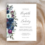 Budget Floral Plum Navy Blue Wedding Invitation<br><div class="desc">De linkerrand van deze romantische huwelijksuitnodiging is voorzien van een waterverf bloemboeket van pruimen paarse en marineblauwe bloemen en groene. De aanpasbare tekst combineert handschrift,  copperplate en cursieve doopvonten in houtskool grijs op een witte achtergrond. De achterkant is een coördinerende vaste pruimen.</div>