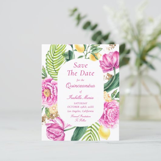 Budget Floral Quinceañera Save The Dates (Staand voorkant)