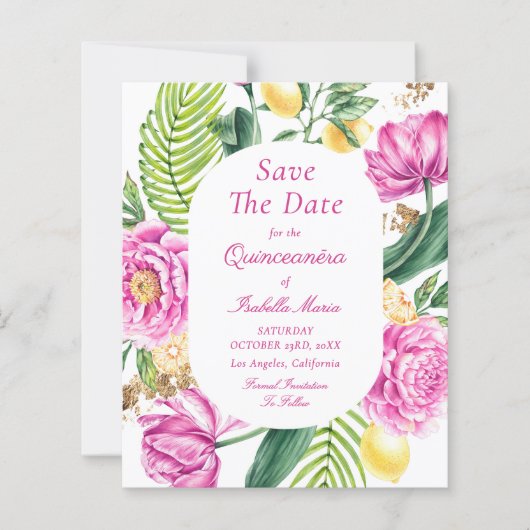 Budget Floral Quinceañera Save The Dates (Voorkant)