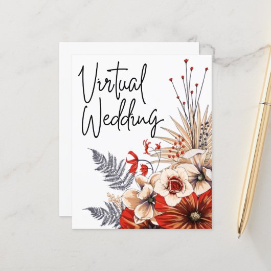 Budget Floral Red Cream Virtual Wedding Uitnodigin (Voorkant / Achterkant in situ)