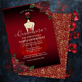 Budget Floral Red Gold Birthday Quinceañera Notitiekaartje