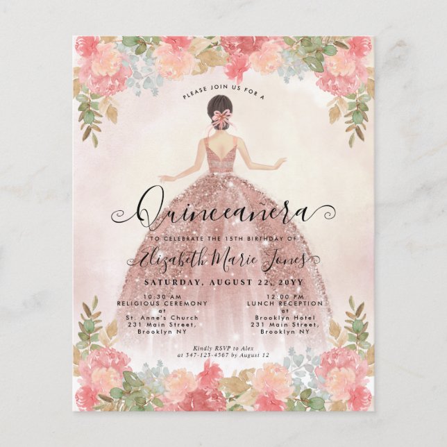 Budget Floral Roos Gold Pink Princess Quinceanera (Voorkant)
