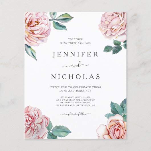 Budget Floral Roos Pink Peonies Wedding Invitation (Voorkant)