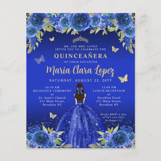 Budget Floral Royal Blue Gold Princess Quinceanera (Voorkant)