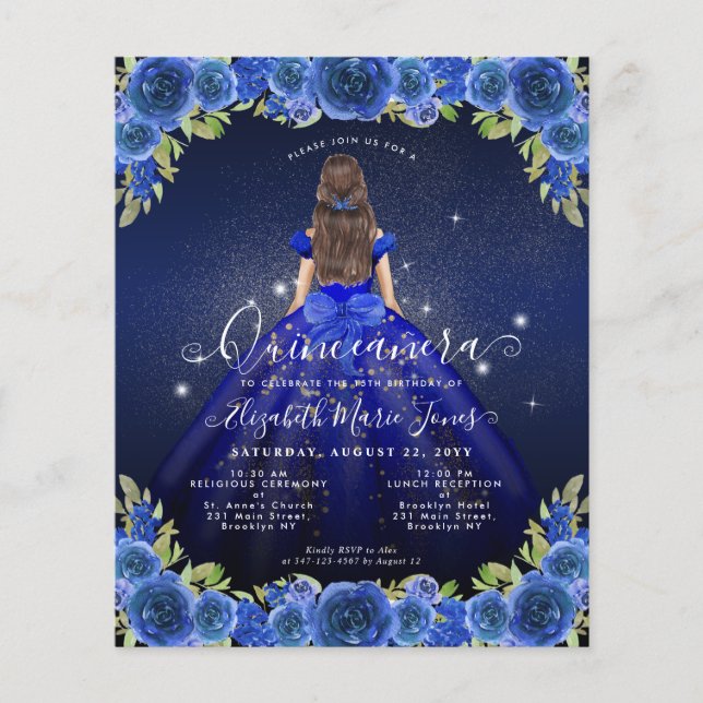 Budget Floral Royal Blue Gold Princess Quinceanera (Voorkant)