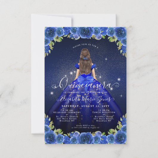 Budget Floral Royal Blue Gold Princess Quinceanera Notitiekaartje (Voorkant)