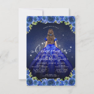 Budget Floral Royal Blue Gold Princess Quinceanera Notitiekaartje