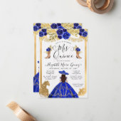 Budget Floral Royal Blue Latina Charra Quinceanera Notitiekaartje (Voorkant / Achterkant in situ)