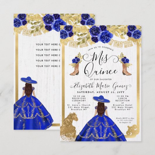Budget Floral Royal Blue Latina Charra Quinceanera Notitiekaartje (Voorkant / Achterkant)