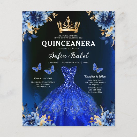 Budget Floral Royal Blue Princess Quinceanera Flyer (Voorkant)