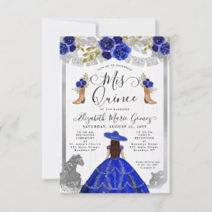Budget Floral Royal Blue Silver Charra Quinceanera Notitiekaartje