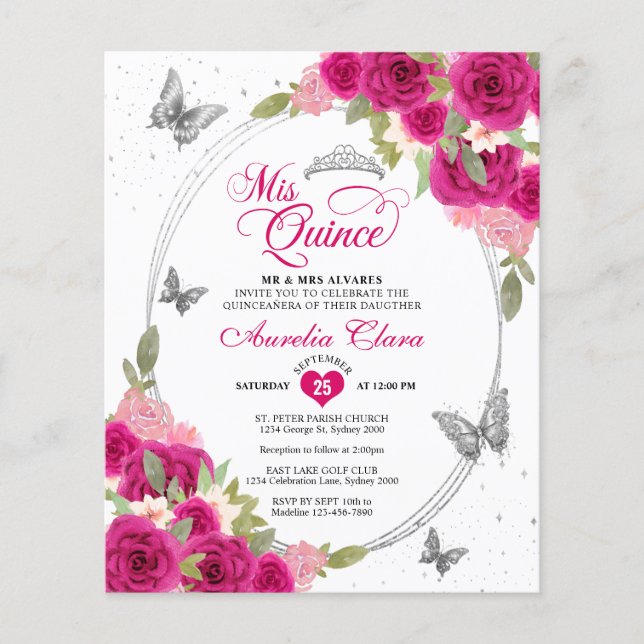 BUDGET Floral Roze Zilveren Vlinder Quinceañera (Voorkant)