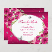 BUDGET Floral Roze Zilveren Vlinder Quinceanera (Voorkant / Achterkant)