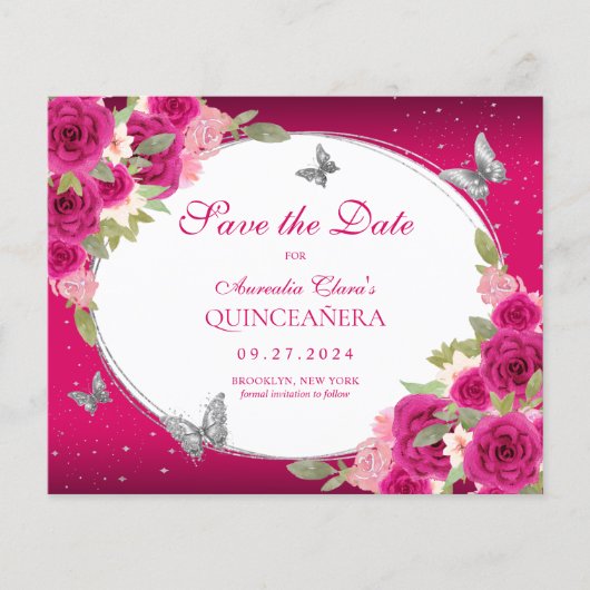BUDGET Floral Roze Zilveren Vlinder Quinceanera (Voorkant)