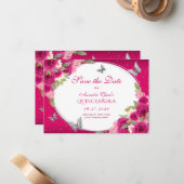 BUDGET Floral Roze Zilveren Vlinder Quinceanera Notitiekaartje (Voorkant / Achterkant in situ)