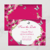 BUDGET Floral Roze Zilveren Vlinder Quinceanera Notitiekaartje (Voorkant / Achterkant)