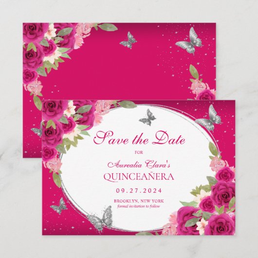 BUDGET Floral Roze Zilveren Vlinder Quinceanera Notitiekaartje (Voorkant / Achterkant)