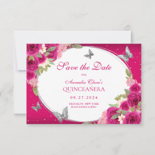 BUDGET Floral Roze Zilveren Vlinder Quinceanera Notitiekaartje