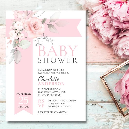 Budget Floral Rozen Blush Pink Girl BABY SHOWER Kaart
