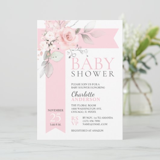 Budget Floral Rozen Blush Pink Girl BABY SHOWER Kaart (Staand voorkant)