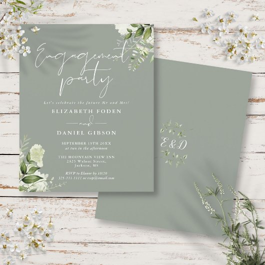 Budget Floral Sage Green Engagement Party Uitnodig