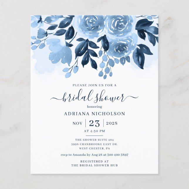 Budget Floral Script Navy Vrijgezellenfeest (Voorkant)