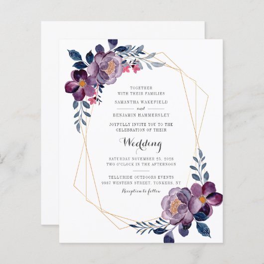 Budget Floral Script Paars Geometric Wedding (Voorkant / Achterkant)