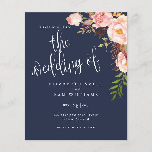 Budget Floral Simple Navy Blue Wedding Invitation Flyer (Voorkant)