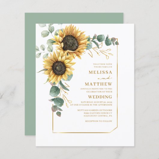 Budget Floral Sunflower Eucalyptus Wedding Invite (Voorkant / Achterkant)