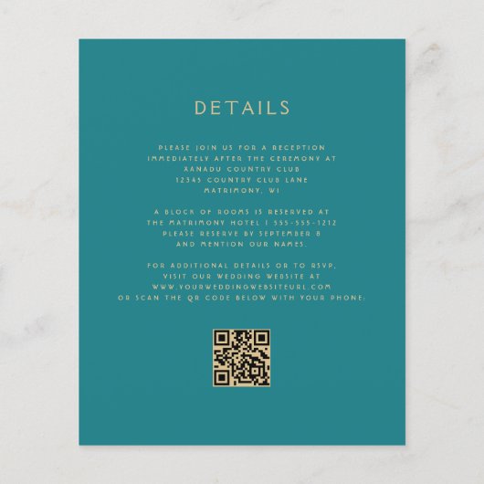 Budget Floral Teal Gold Coral QR Code Wedding (Achterkant)