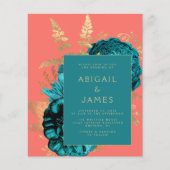 Budget Floral Teal Gold Coral QR Code Wedding (Voorkant)